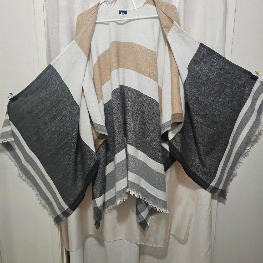 Apt. 9 Neutral Colorblock Striped Ruana Poncho Wrap with Fringe Hem – One Size